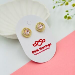 Blush Royale Cushion Stud Earrings – Pink Stone with Baguette Halo - 18K Golden-Tone