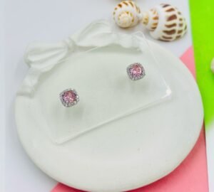 Blush Royale Cushion Stud Earrings – Pink Stone with Baguette Halo - Silver-Tone