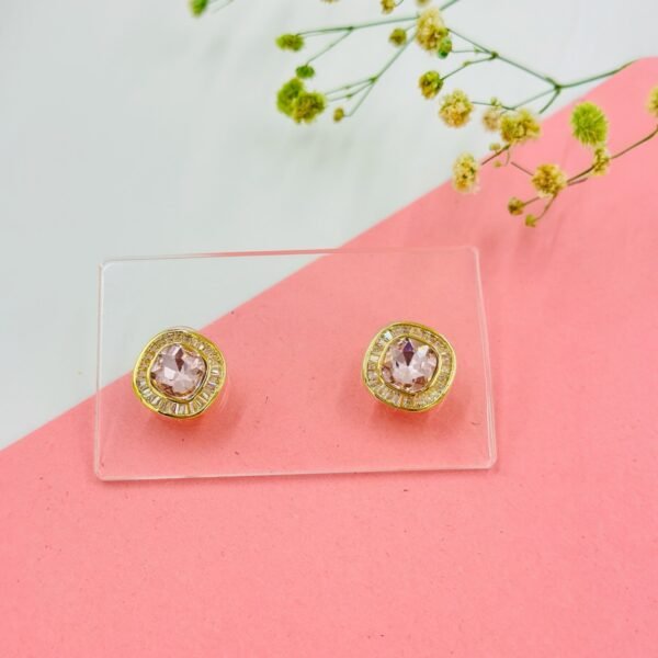 Blush Royale Cushion Stud Earrings – Pink Stone with Baguette Halo - 18K Golden-Tone