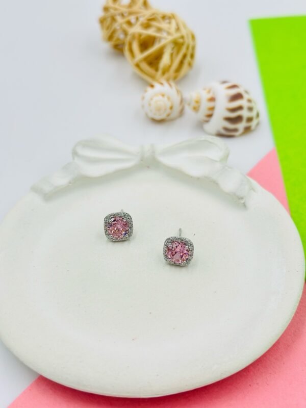 Blush Royale Cushion Stud Earrings – Pink Stone with Baguette Halo - Silver-Tone