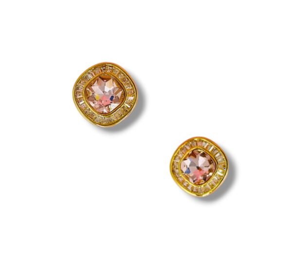 Blush Royale Cushion Stud Earrings – Pink Stone with Baguette Halo - 18K Golden-Tone