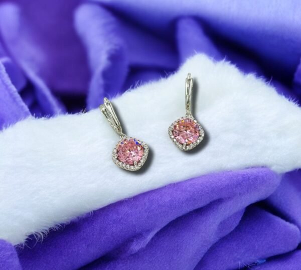 Pink Blush Spark Drop Earrings – Pink Cushion Crystal with Halo & Leverback (Statement)