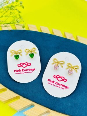 Bow Design Heart Stud Earrings – Stainless Steel Gold Plated (Color Variants)