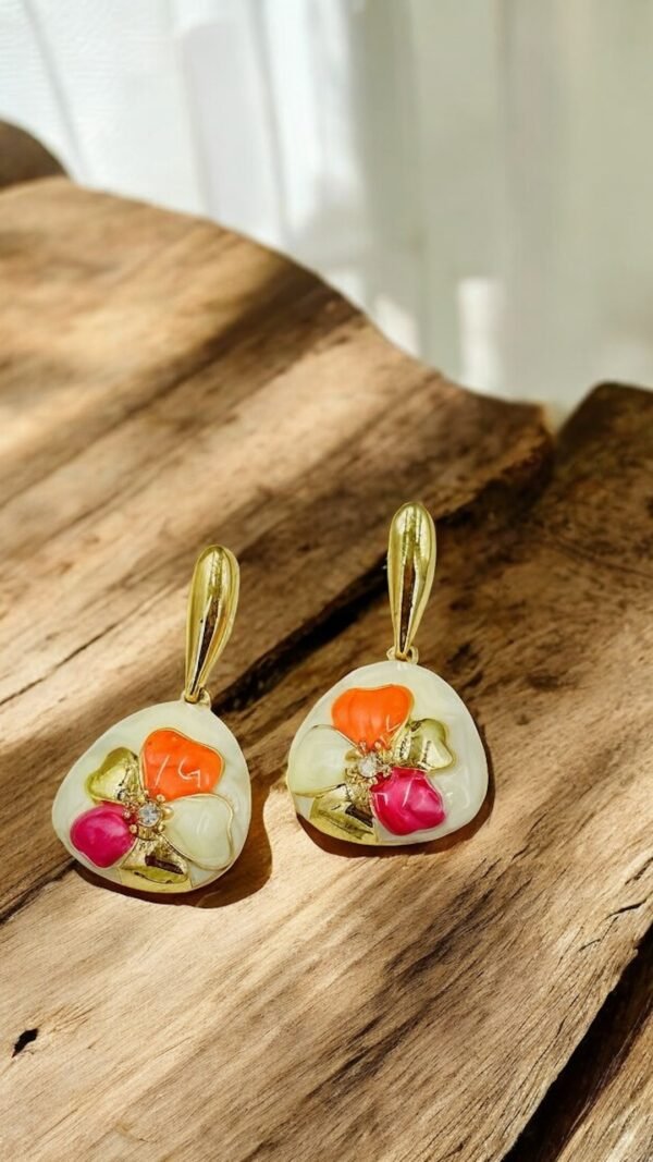 Hand-Painted Floral Drop Earrings – Multicolor Enamel on Gold-Plated Base
