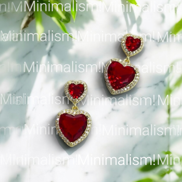 Crimson Love Double Heart Earrings – Red Stone with Gold & Crystal Halo - 18K Golden-Tone (Statement)
