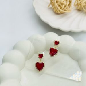 Crimson Love Double Heart Earrings – Red Stone with Gold & Crystal Halo - 18K Golden-Tone (Statement)