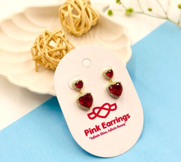 Crimson Love Double Heart Earrings – Red Stone with Gold & Crystal Halo - 18K Golden-Tone (Statement)
