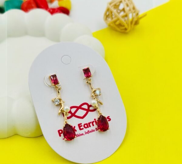 Crimson Vine Drop Earrings – Red Crystal, Pearl & 18K Gold-Tone Polish Finish (Premium Statement)