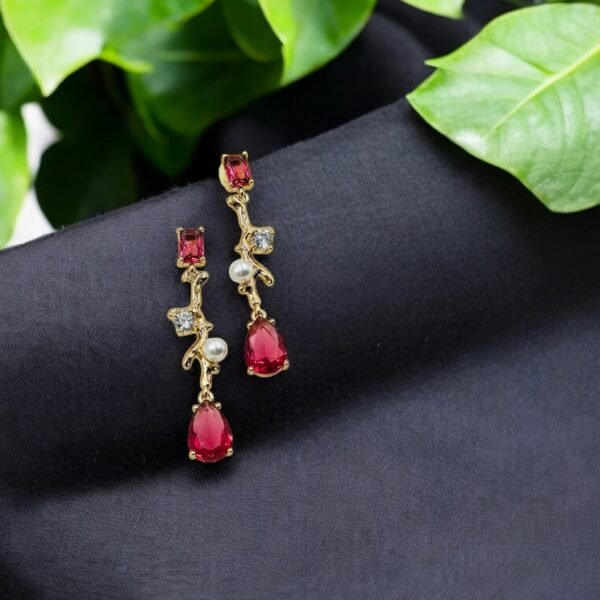 Crimson Vine Drop Earrings – Red Crystal, Pearl & 18K Gold-Tone Polish Finish (Premium Statement)