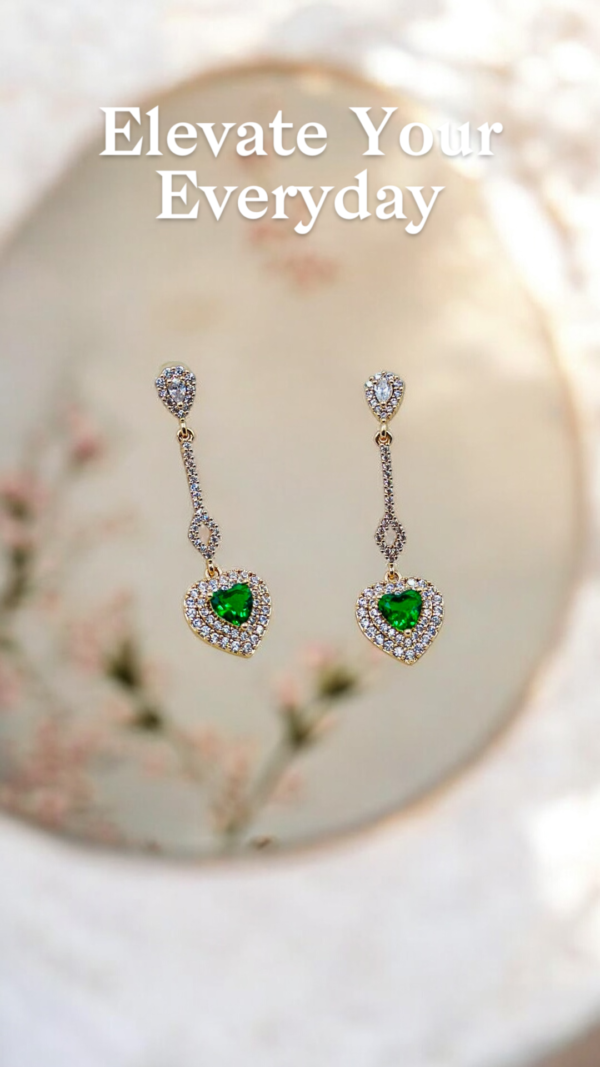 Green Heart Crystal Drop Earrings – 14K Gold Plated Premium Statement