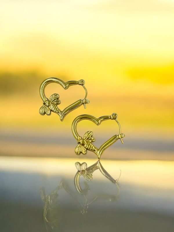 Gold Heart Hoop Earrings with Bee Charm – Stainless Steel