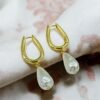 Gold Drop Hoop Earrings with Baroque Pearl