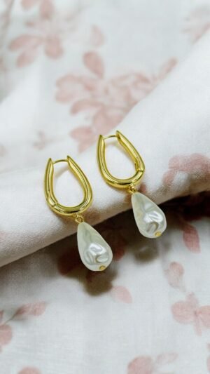 Gold Drop Hoop Earrings with Baroque Pearl