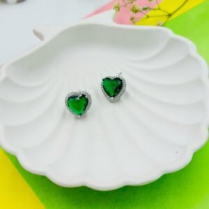 Emerald Bliss Heart Stud Earrings – Green Crystal with Silver Halo - 18K Golden-Tone