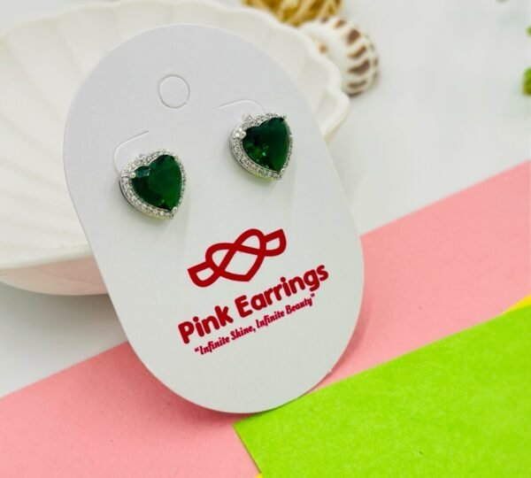 Emerald Bliss Heart Stud Earrings – Green Crystal with Silver Halo - 18K Golden-Tone