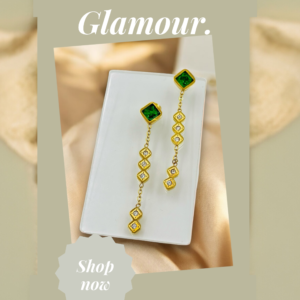 Emerald Green Geometric Dangle Earrings – Gold Tone Stainless Steel