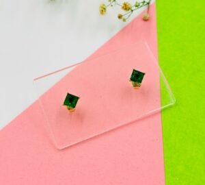 Emerald Green Square Stud Earrings | 14K Gold-Tone Stainless Steel | Anti-Tarnish