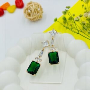 Emerald Luxe Geometric Drop Earrings – Green Stone with Diamond Accents (18K Gold-Tone Polish) Premium Statement
