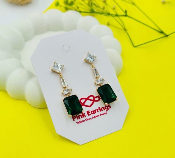 Emerald Luxe Geometric Drop Earrings – Green Stone with Diamond Accents (18K Gold-Tone Polish) Premium Statement