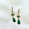 Emerald Green Teardrop Earrings with Heart & Geometric Frame – 14K Gold-Plated Dangles