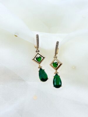 Emerald Green Teardrop Earrings with Heart & Geometric Frame – 14K Gold-Plated Dangles