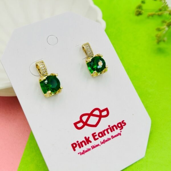 Evergreen Crystal Charm Earrings – Round Green Studs with Gold & Diamond Accents - 18K Golden-Tone