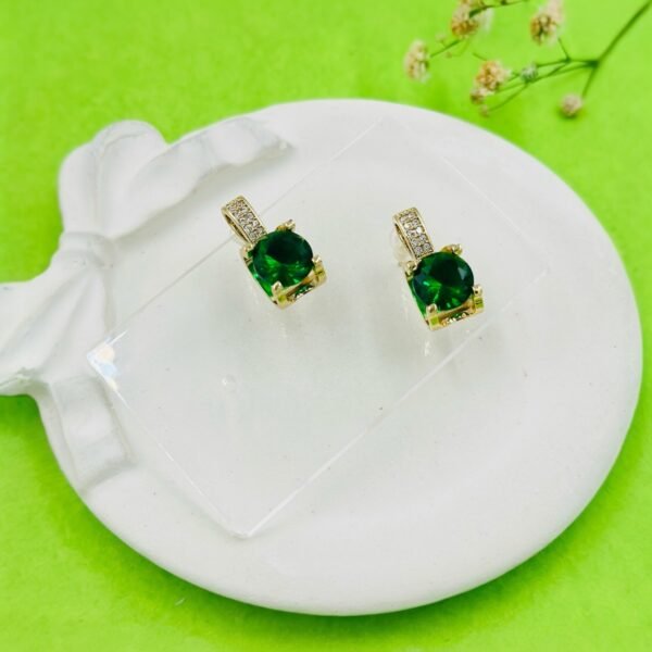 Evergreen Crystal Charm Earrings – Round Green Studs with Gold & Diamond Accents - 18K Golden-Tone