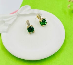 Evergreen Crystal Charm Earrings – Round Green Studs with Gold & Diamond Accents - 18K Golden-Tone