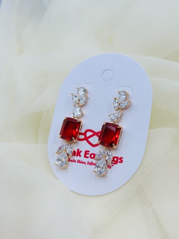Radiant Red Cushion-Cut Drop Earrings with Sparkling White CZ – 14K Gold Finish