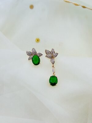 Asymmetric Green Stone Floral Earrings – 14K Gold Plated Statement
