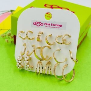9-Piece Gold-Tone Hoop & Stud Earring Set – Pearl & Textured Styles