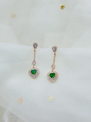 Green Heart Crystal Drop Earrings – 14K Gold Plated Premium Statement