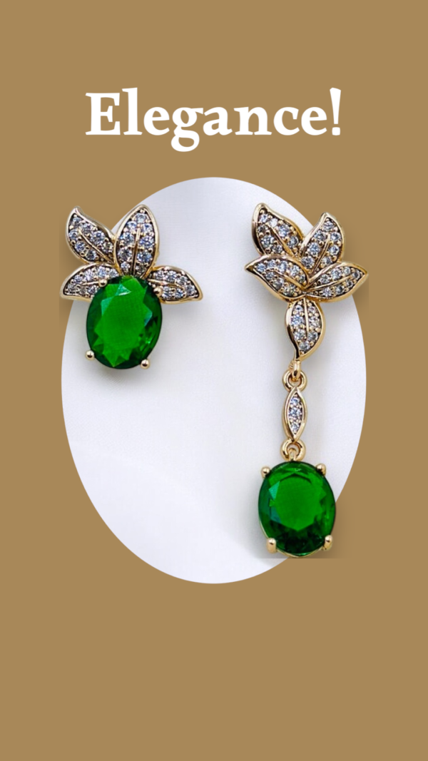 Asymmetric Green Stone Floral Earrings – 14K Gold Plated Statement