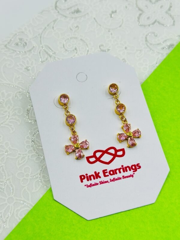 Pink Floral Drop Earrings – Gold-Plated Stainless Steel with Crystal Accents