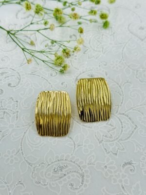 Ripple Textured Rectangle Stud Earrings – Stainless Steel, Anti-Tarnish Gold