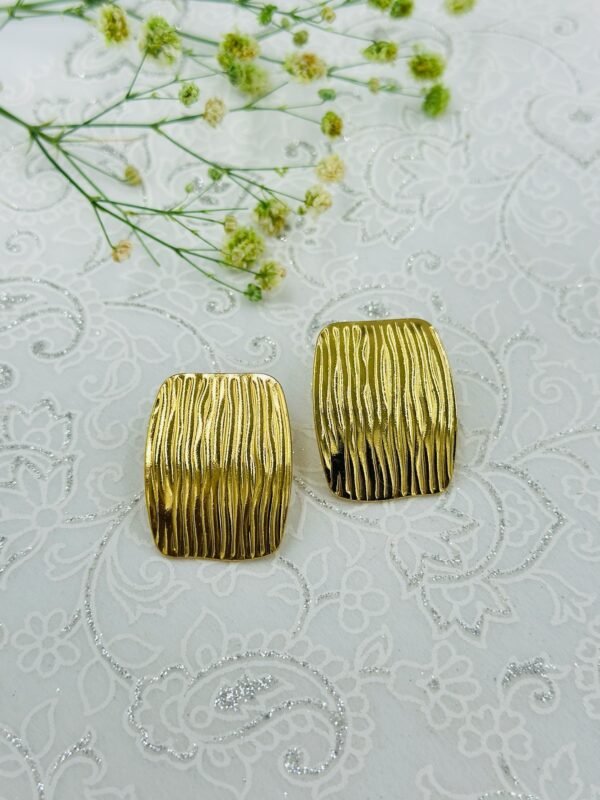 Ripple Textured Rectangle Stud Earrings – Stainless Steel, Anti-Tarnish Gold