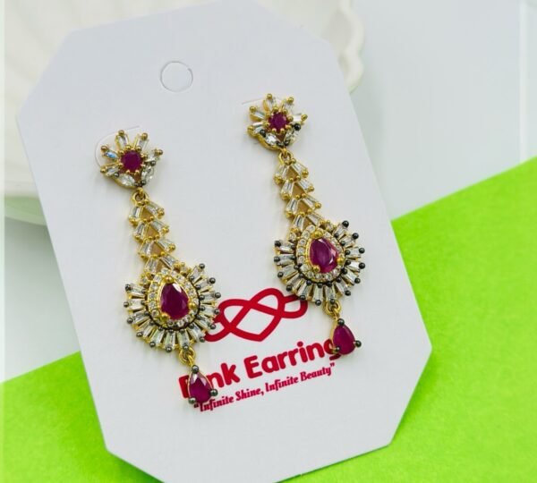 Royal Ruby Designer Long Drop Earrings – Gold Plated & CZ Embellished