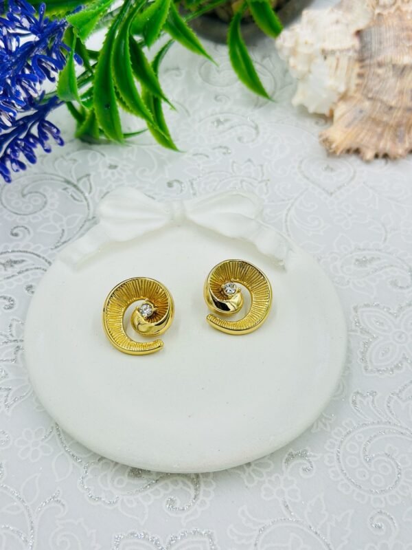 Golden Spiral Stud Earrings with Crystal Stone – Stainless Steel