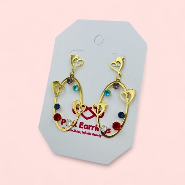 Multicolor Gem Heart & Bird Oval Drop Earrings – Playful Stainless Steel Elegance