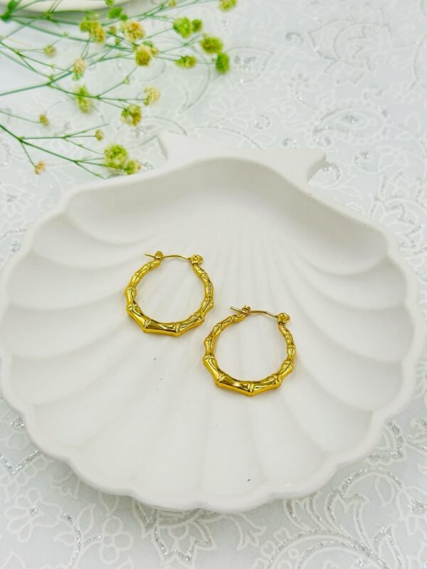 Bamboo Textured Gold Hoop Earrings – Lightweight Stainless Steel