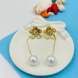 Golden Bloom Pearl Thread Earrings – Floral Stud with Dangling Pearl