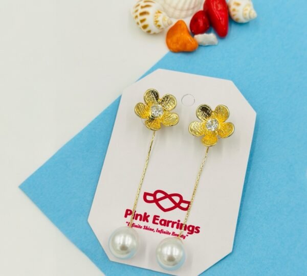 Golden Bloom Pearl Thread Earrings – Floral Stud with Dangling Pearl