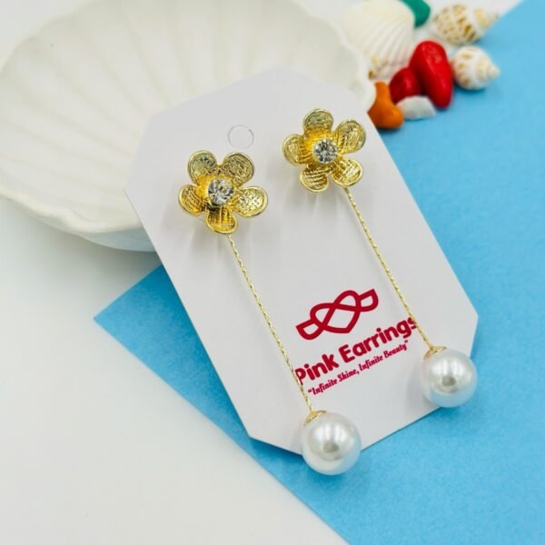 Golden Bloom Pearl Thread Earrings – Floral Stud with Dangling Pearl