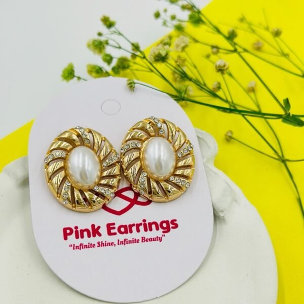 Golden Swirl Pearl Studs – Sculpted Gold Frame with Crystal & Pearl Accent