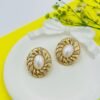 Golden Swirl Pearl Studs – Sculpted Gold Frame with Crystal & Pearl Accent