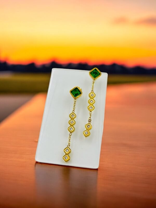 Emerald Green Geometric Dangle Earrings – Gold Tone Stainless Steel