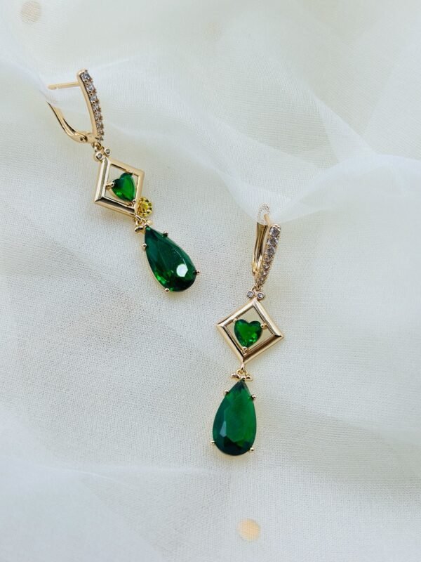 Emerald Green Teardrop Earrings with Heart & Geometric Frame – 14K Gold-Plated Dangles
