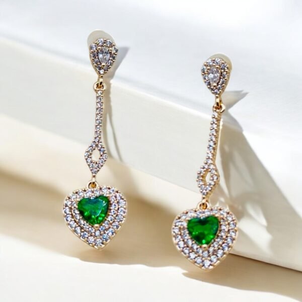 Green Heart Crystal Drop Earrings – 14K Gold Plated Premium Statement