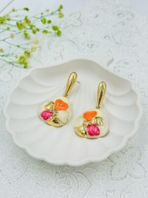 Hand-Painted Floral Drop Earrings – Multicolor Enamel on Gold-Plated Base