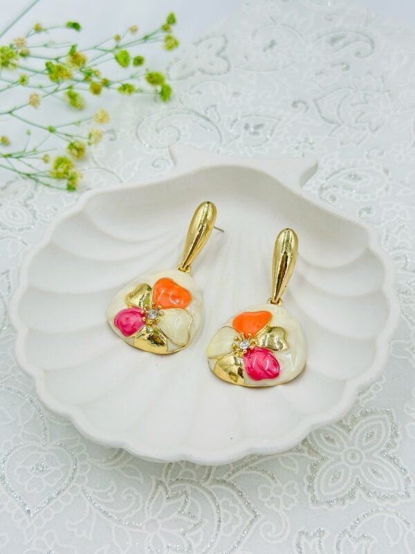 Hand-Painted Floral Drop Earrings – Multicolor Enamel on Gold-Plated Base
